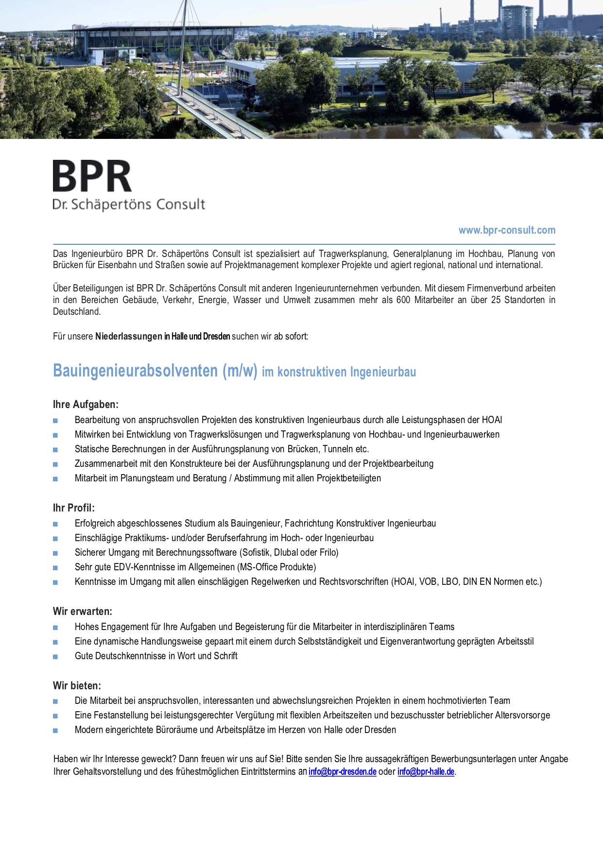 Stellenausschreibung konstruktiver Ingenieurbau BPR