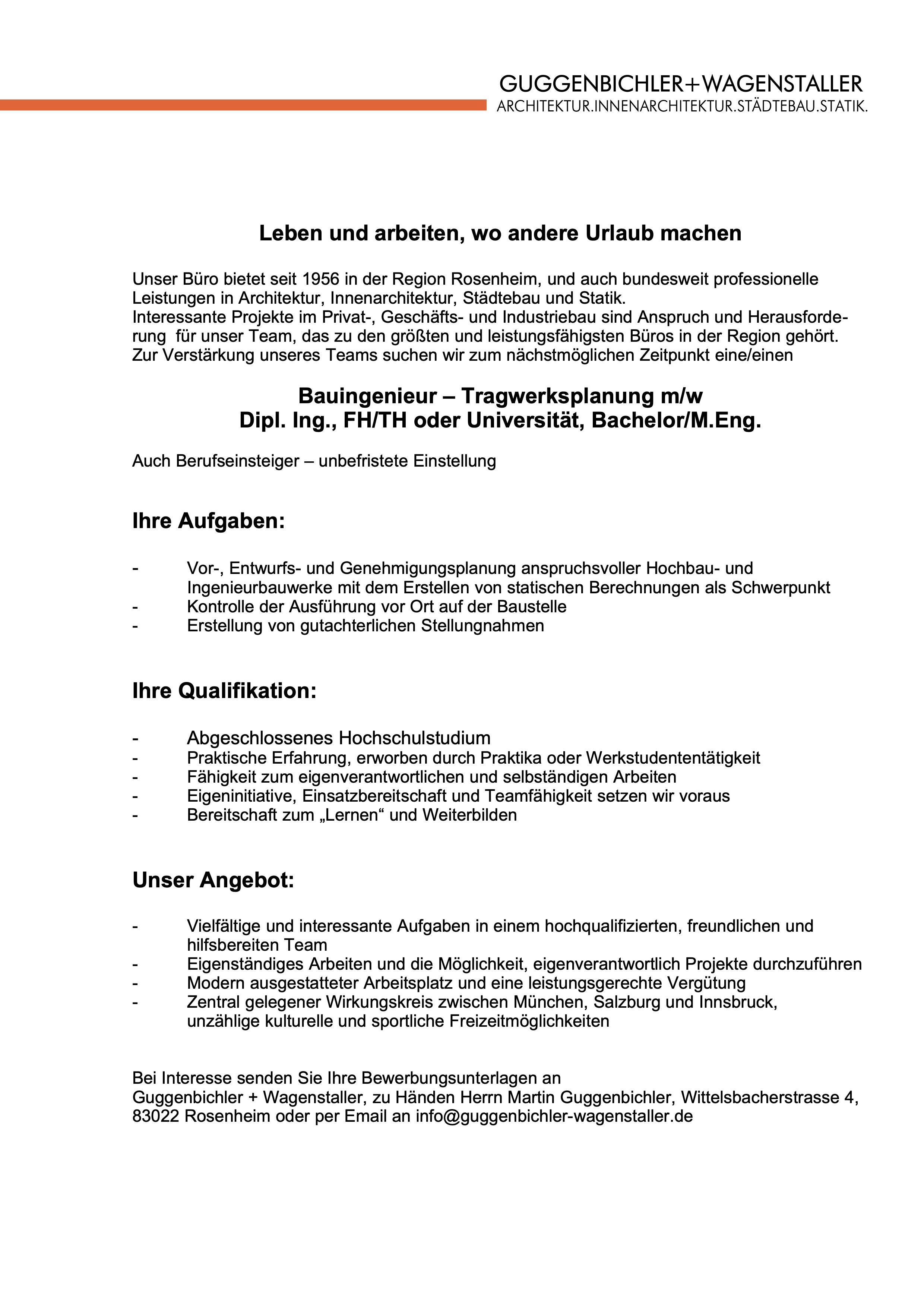Bauingenieur - Tragwerksplanung (m/w/d) - Guggenbichler + Wagenstaller